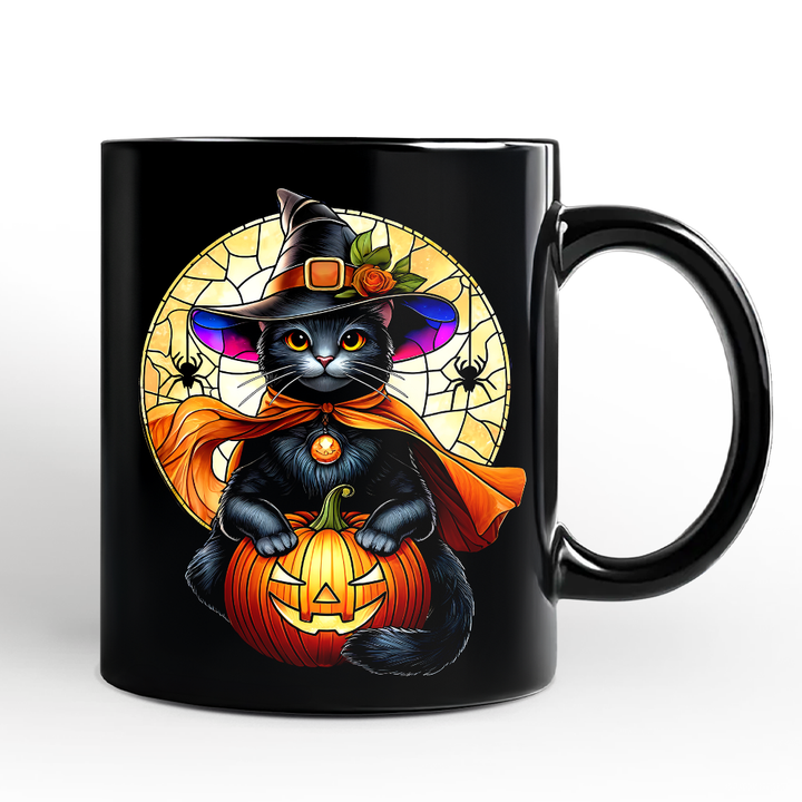 Enchanted Cat Witch Stained Glass Style Personalized Mug, Halloween Themed Gift with Custom Name
