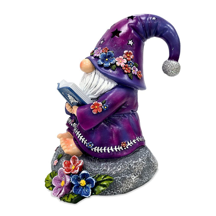 Enchanted Wisdom Solar Book Reader Gnome Figurine, 8" Lighted Lavender Purple Garden Statue Resin Statues OrnamentallyYou 