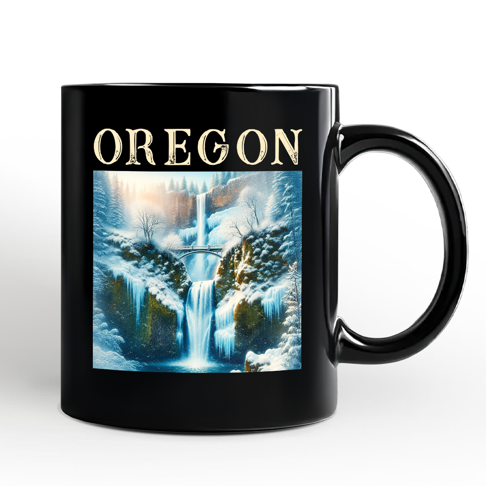 Enchanting Oregon State Multnomah Falls Winter Personalized Mug, Pacific Northwest Waterfall Gift and Souvenir with Custom Name