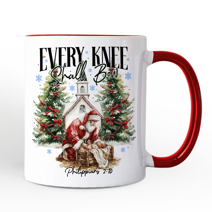 Every Knee Shall Bow Nativity Santa Personalized Mug, Jesus Philippians 2:10 Christian Christmas Gift with Custom Name