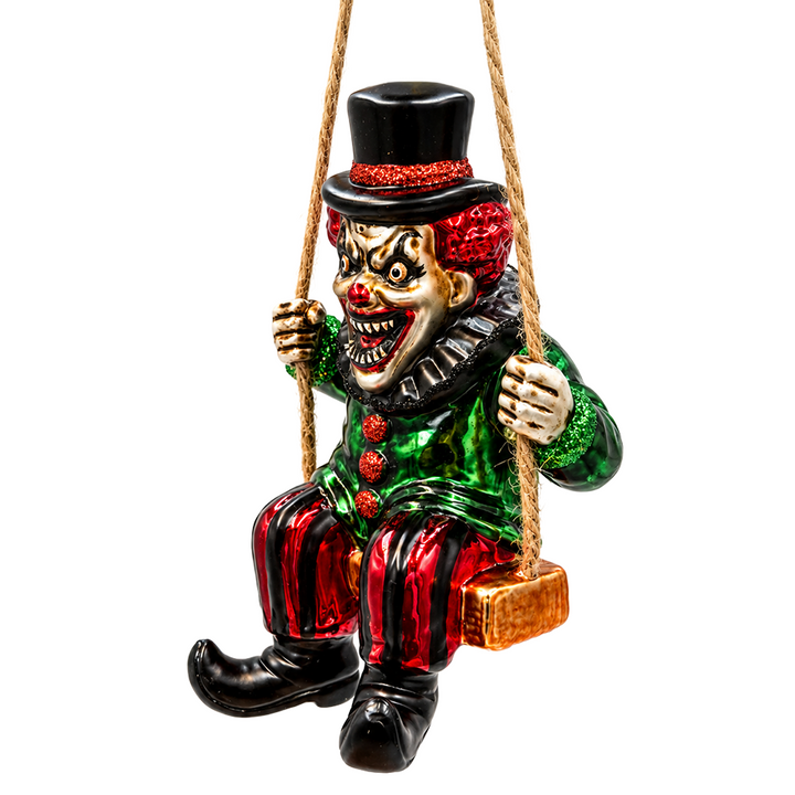 (PRE-ORDER) Evil Clown on Swing Glass Ornament, Creepy Carnival Horror Halloween Tree Decor