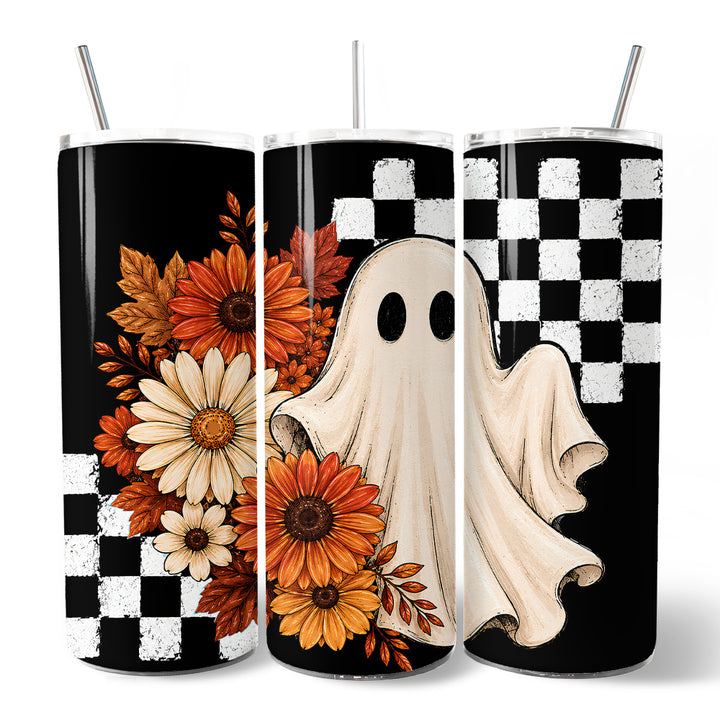 Fall Ghost Checkerboard 20oz Personalized Tumbler With Lid and Stainless Steel Straw, Floral Halloween Season Gift Cup