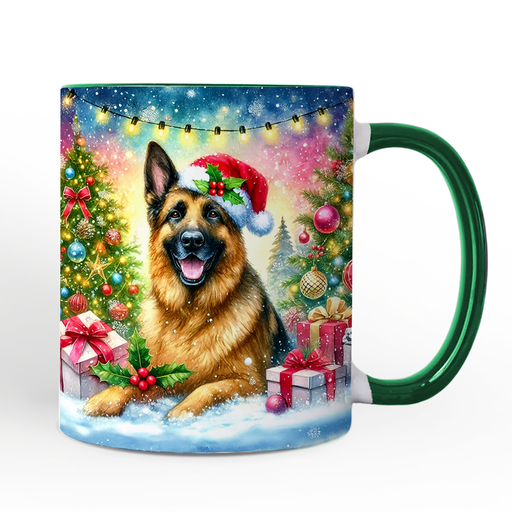 Festive German Shepherd with Santa Hat Personalized Mug, Joyful Christmas Gift with Custom Name