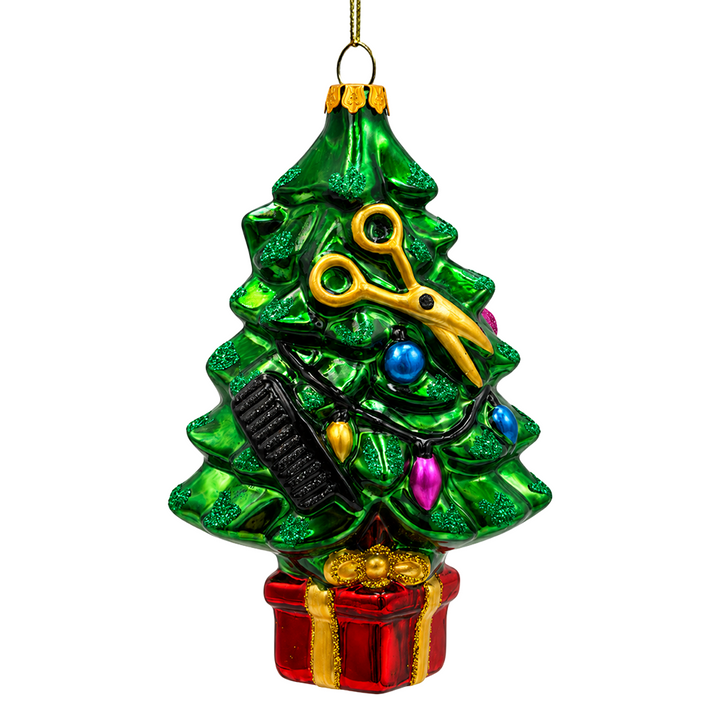 (PRE-ORDER) Festive Hairdresser Christmas Tree Glass Ornament, Hairstylist Salon Gift Holiday Decor