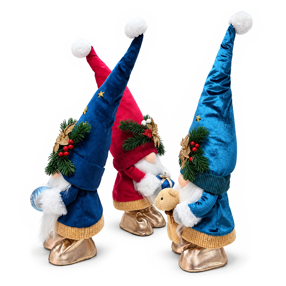 Festive Poinsettia Plush Gnome Set of 3, Blue Red and Teal 21" Christmas Decor with Present and Teddy Bear