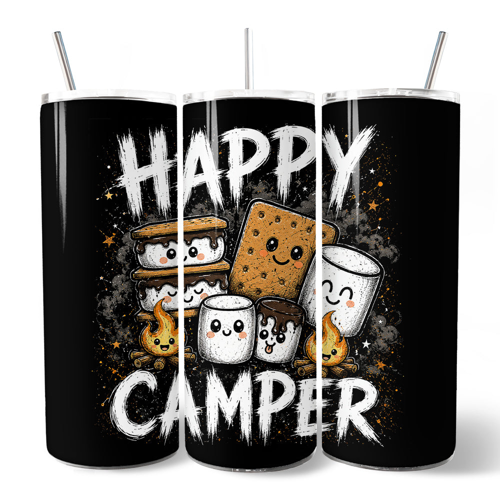 Fireside Snacks Happy Camper 20oz Personalized Tumbler With Lid and Stainless Steel Straw, Funny Outdoor Campfire Gift Cup