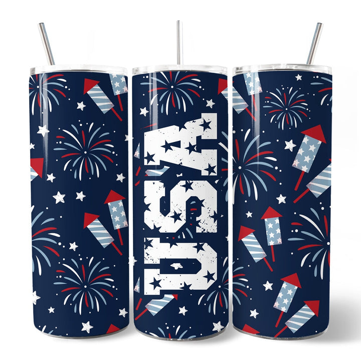 Fireworks USA Block Letters 20oz Personalized Tumbler With Lid and Stainless Steel Straw, Vintage July 4th Patriotic Gift Cup Tumbler OrnamentallyYou 
