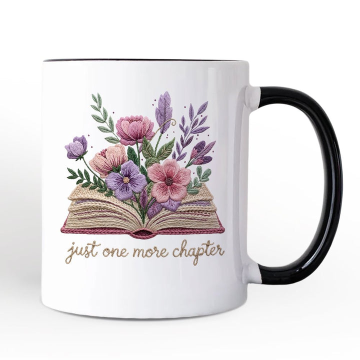 Floral Book Printed Faux Yarn Crochet Personalized Mug, Just One More Chapter Bookworm Gift with Custom Name Personalized Ceramic Mug OrnamentallyYou Black Handle Non-Custom 