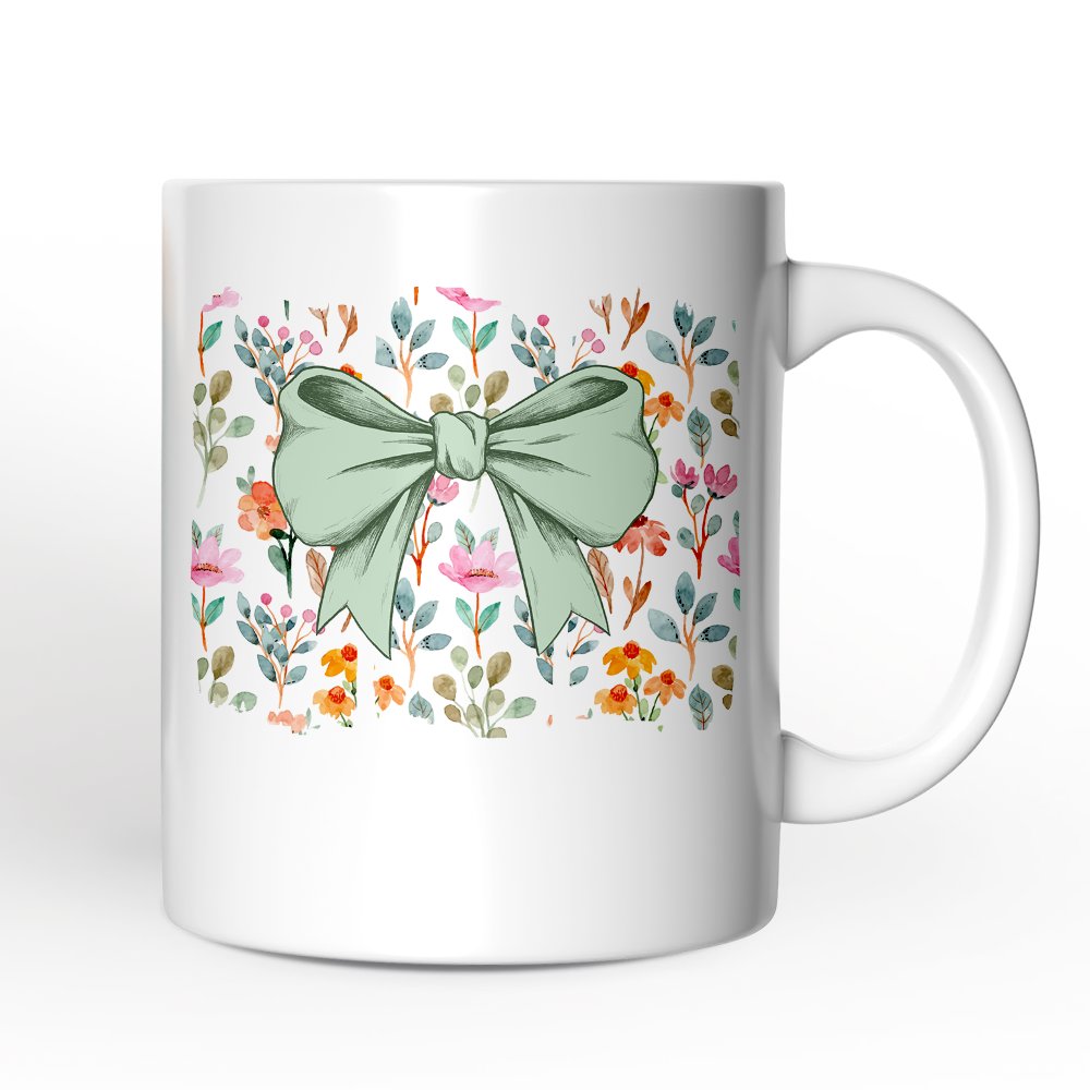 Floral Coquette Bow Personalized Mug, Cute Spring Preppy Girly Flowers Gift with Custom Name Personalized Ceramic Mug OrnamentallyYou White Non-Custom 