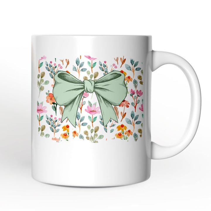 Floral Coquette Bow Personalized Mug, Cute Spring Preppy Girly Flowers Gift with Custom Name Personalized Ceramic Mug OrnamentallyYou White Non-Custom 