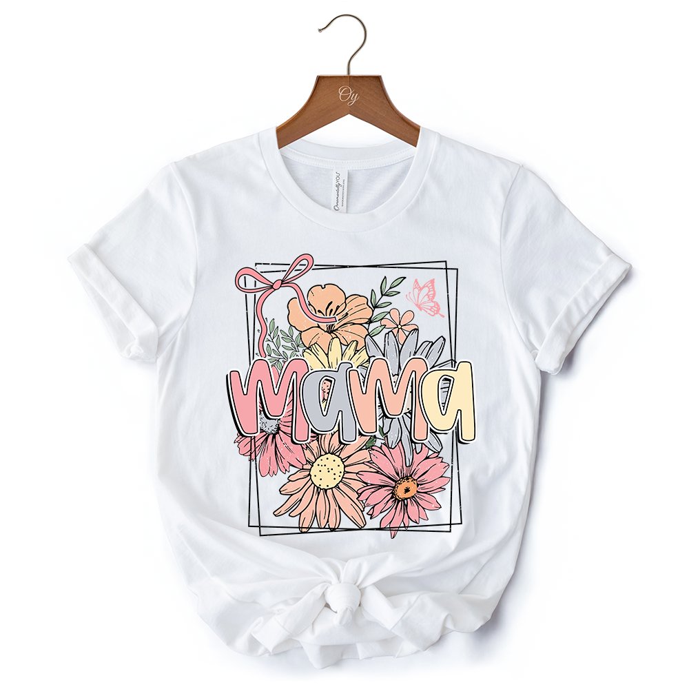 Floral Mama Coquette Bow Pastel T-Shirt, White and Natural Boho Tee With Spring Flower T-Shirts OrnamentallyYou 