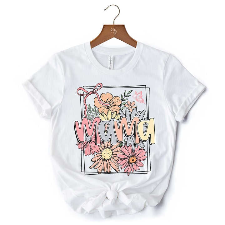 Floral Mama Coquette Bow Pastel T-Shirt, White and Natural Boho Tee With Spring Flower T-Shirts OrnamentallyYou 