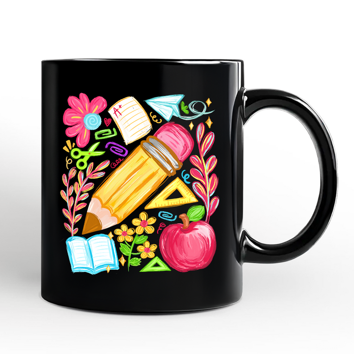 Floral Teacher Pencil Personalized Mug, Colorful Back to School Gift with Custom Name