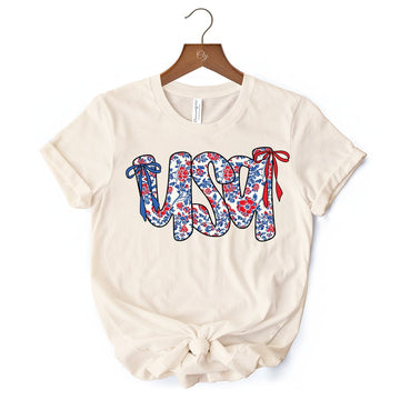 Floral USA Patriotic T-Shirt, 4th of July White, Natural and Black Tee for Stylish Women T-Shirts OrnamentallyYou 