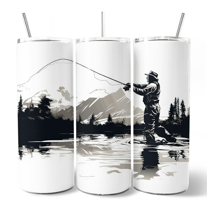Fly Fishing Mountain Lake Scene 20oz Personalized Tumbler With Lid and Stainless Steel Straw, Angler Outdoor Adventure Gift Cup