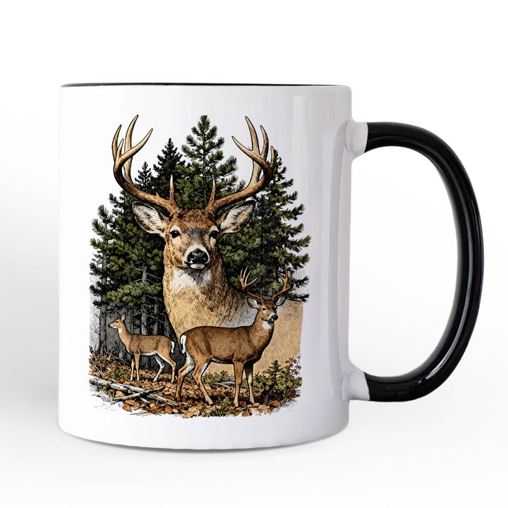 Forest Deers Vintage Grunge Personalized Mug, Retro Hunter Gift with Custom Name Personalized Ceramic Mug OrnamentallyYou Black Handle Non-Custom 