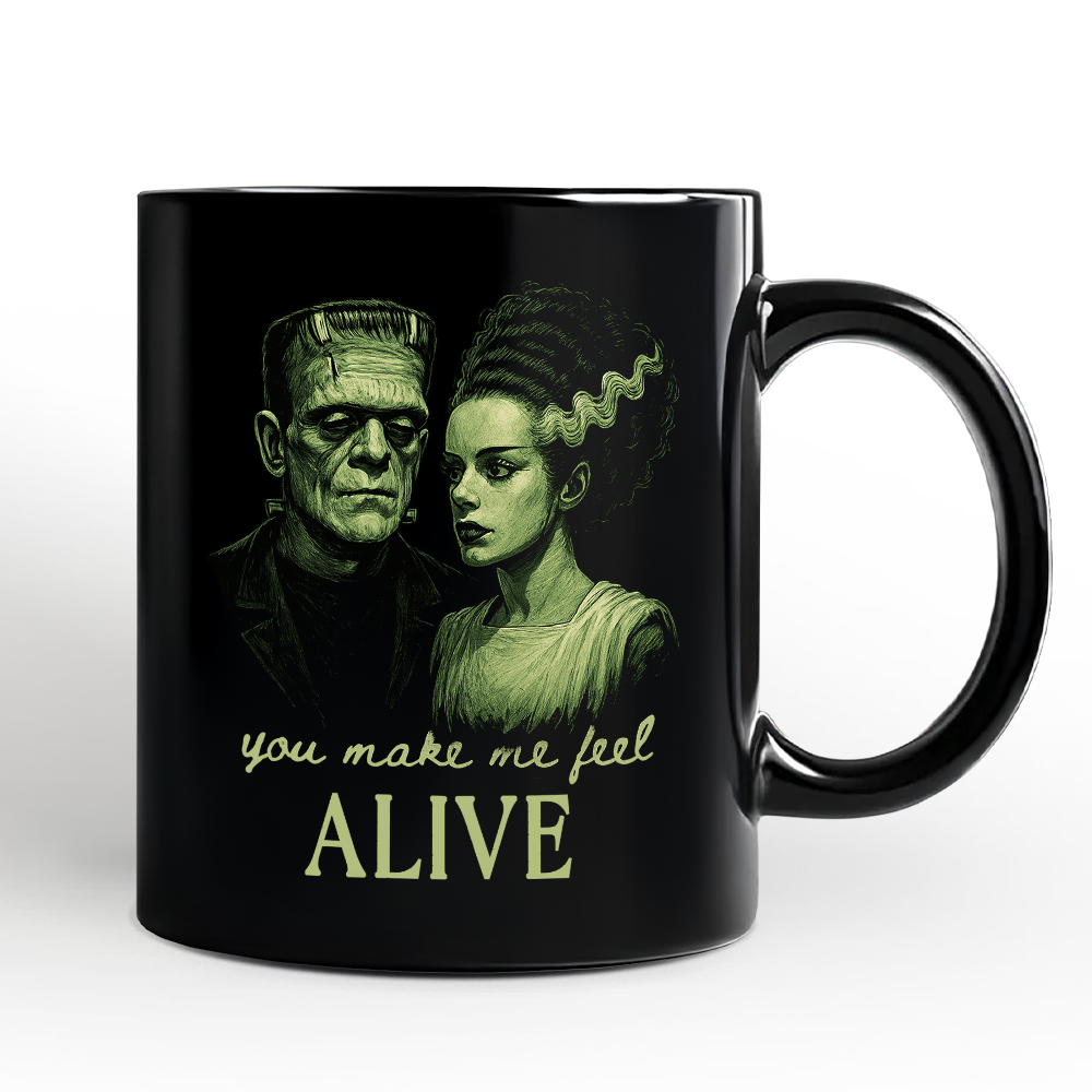 Frankenstein And Bride You Make Me Feel Alive Personalized Mug, Valentine Retro Horror Couples Love Gift with Custom Name