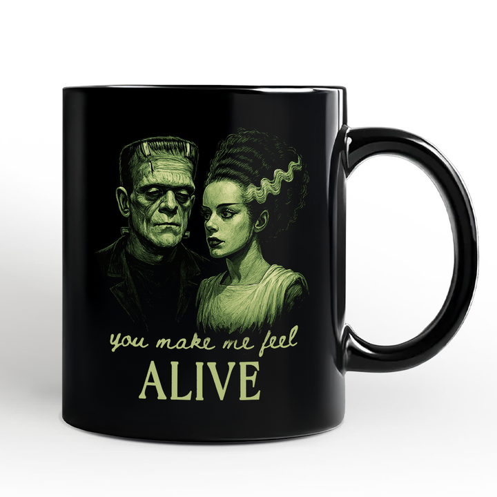 Frankenstein And Bride You Make Me Feel Alive Personalized Mug, Valentine Retro Horror Couples Love Gift with Custom Name