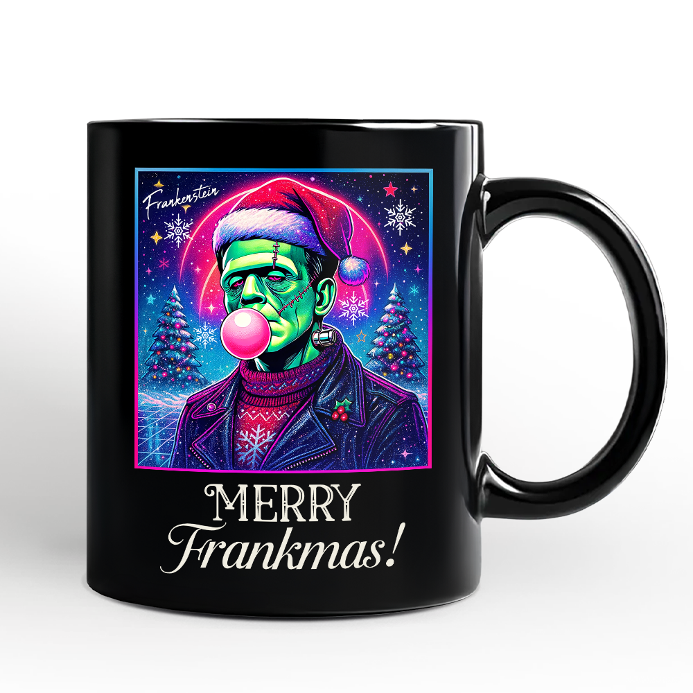 Frankenstein Christmas Vaporwave Personalized Mug, Retro Neon Holiday Gift with Custom Name