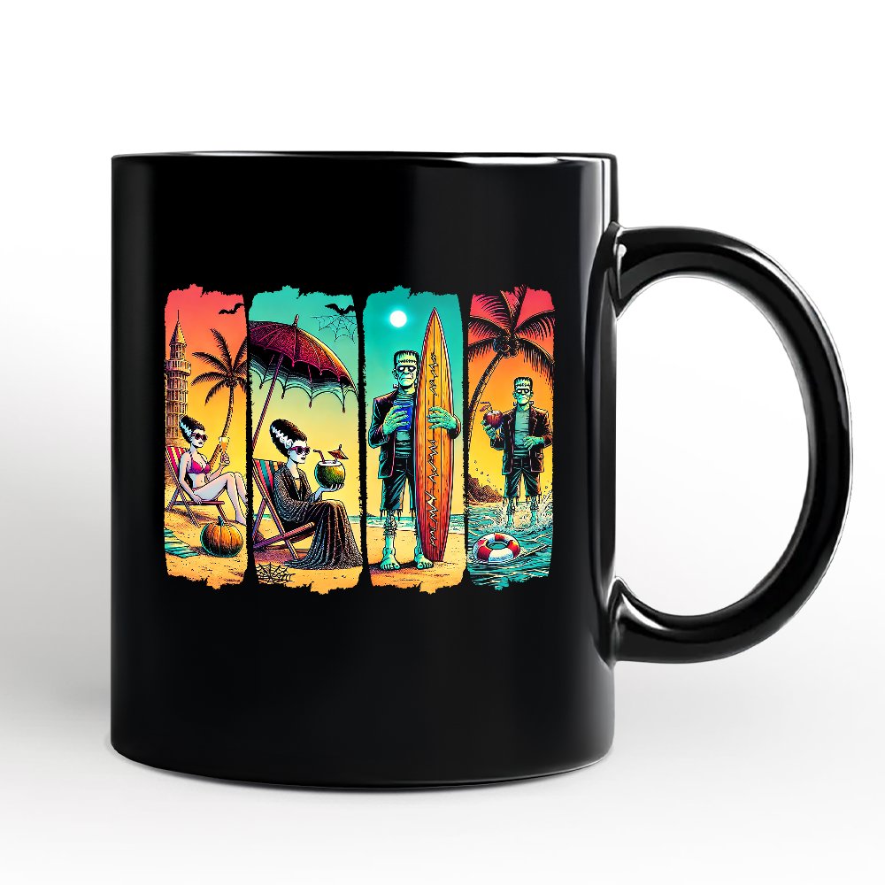 Frankenstein's Beach Vacation Personalized Mug, Retro Neon Summer Vibes Gift with Custom Name Personalized Ceramic Mug OrnamentallyYou Black Non-Custom 