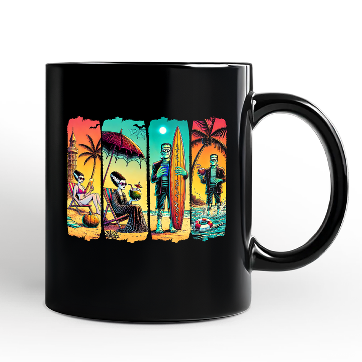 Frankenstein's Beach Vacation Personalized Mug, Retro Neon Summer Vibes Gift with Custom Name