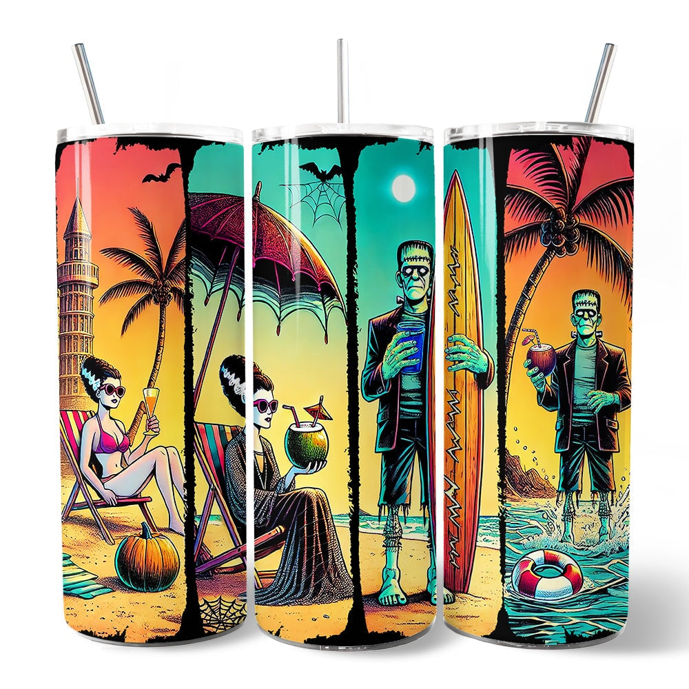 Frankenstein's Summer Beach Vacation 20oz Personalized Tumbler With Lid and Stainless Steel Straw, Retro Horror Neon Surf Gift Cup Tumbler OrnamentallyYou 