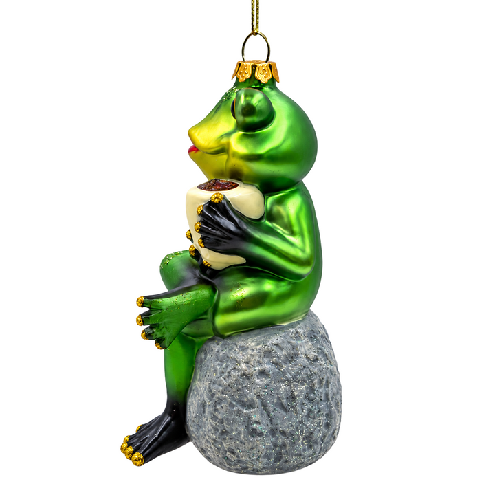 (PRE-ORDER) Frog with Coffee Mug Glass Christmas Ornament, Morning Brew Novelty Gift and Tree Decor