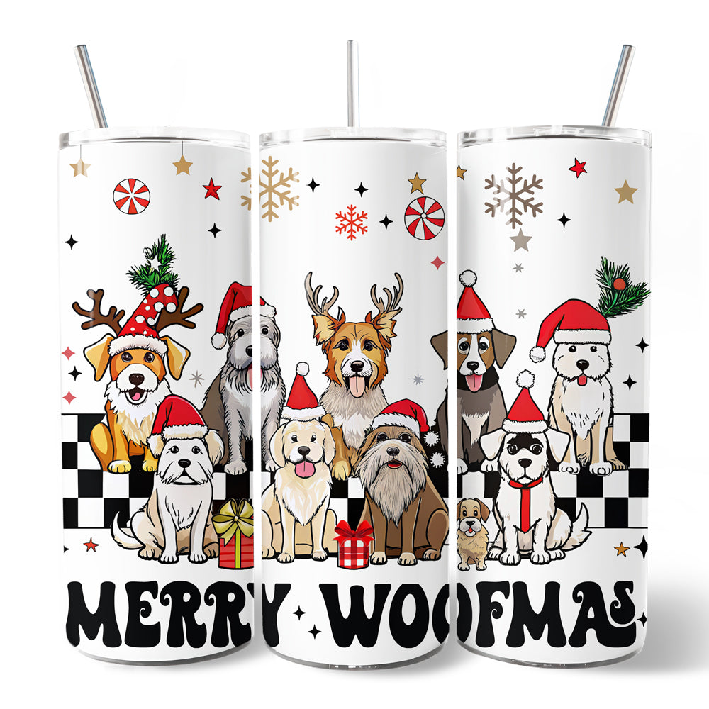 Funny Merry Woofmas 20oz Personalized Tumbler With Lid and Stainless Steel Straw, Dogs With Santa Hats Christmas Gift Cup