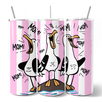 Funny Mom Calling Seagull 20oz Personalized Tumbler With Lid and Stainless Steel Straw, Pink Coastal Bird Gift Cup