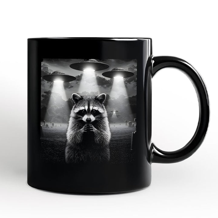 Funny Raccoon UFO Personalized Mug, Unisex Black Gift with Custom Name Personalized Ceramic Mug OrnamentallyYou Black Non-Custom 