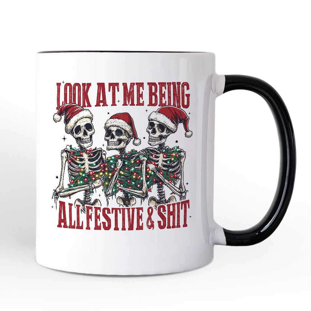 Funny Skeletons in Santa Hat Christmas Personalized Mug, Look At Me Being All Festive Gift with Custom Name Personalized Ceramic Mug OrnamentallyYou White - Black Non-Custom 