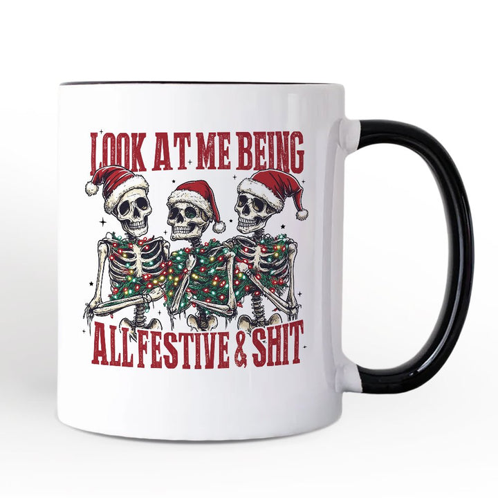 Funny Skeletons in Santa Hat Christmas Personalized Mug, Look At Me Being All Festive Gift with Custom Name Personalized Ceramic Mug OrnamentallyYou White - Black Non-Custom 