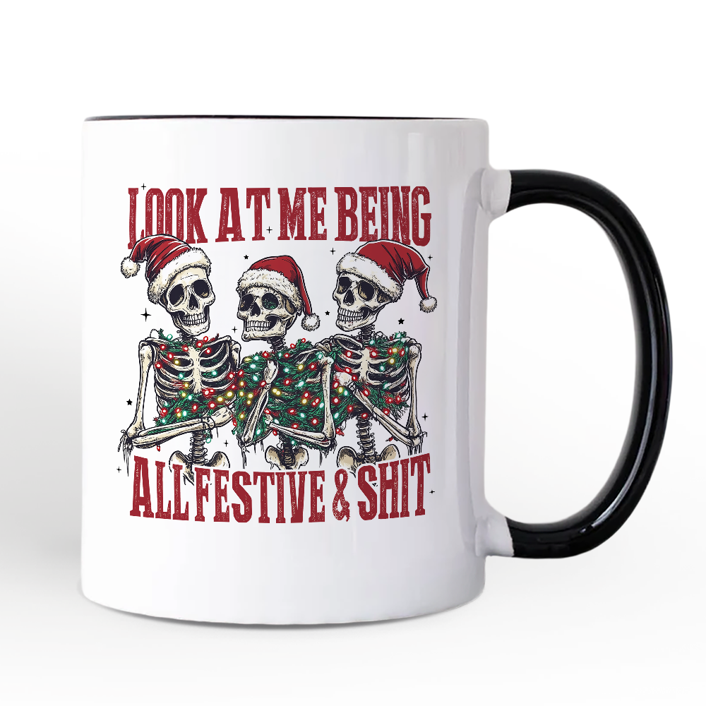 Funny Skeletons in Santa Hat Christmas Personalized Mug, Look At Me Being All Festive Gift with Custom Name