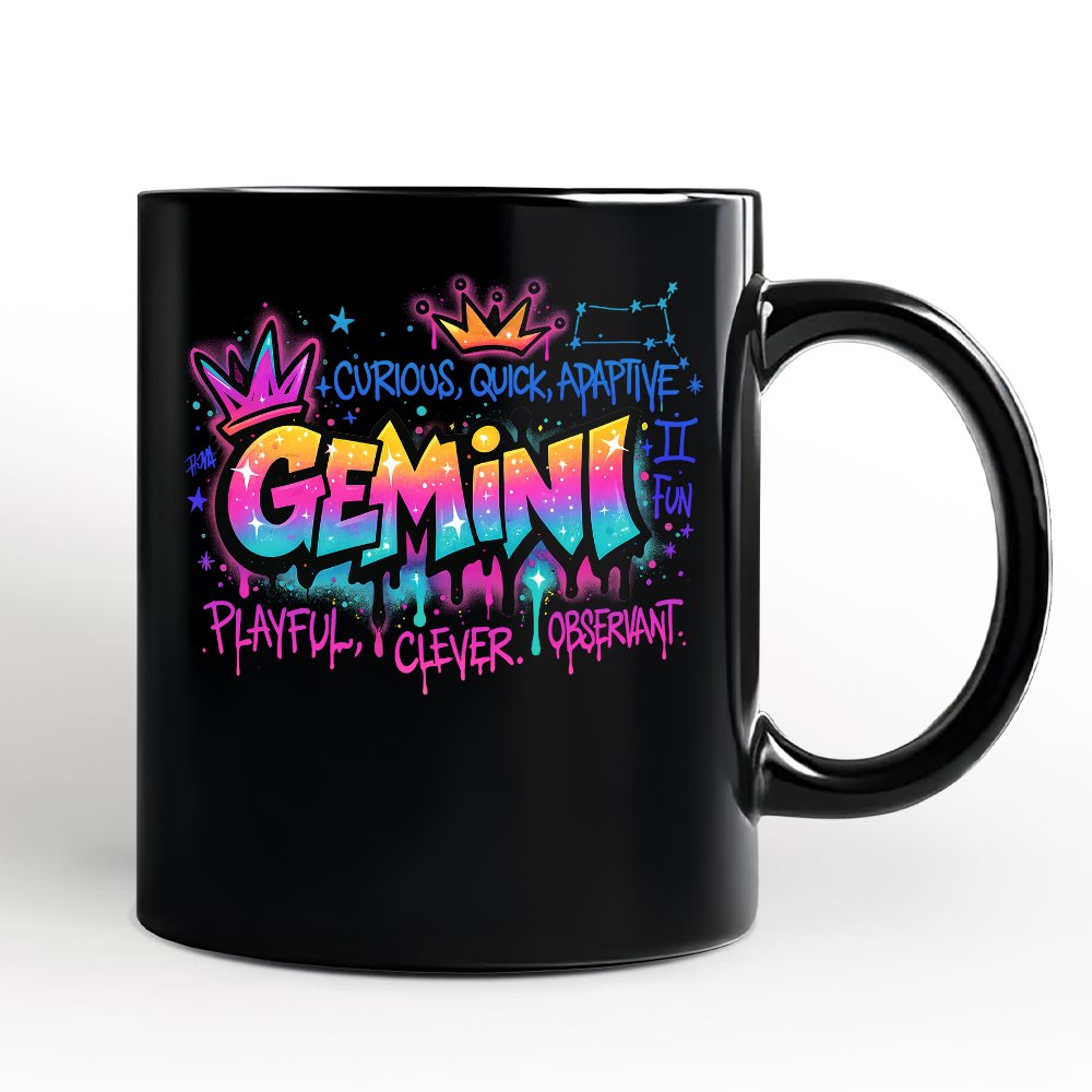 Gemini Graffiti Zodiac Personalized Mug, Street Style Astrology Horoscope Gift with Custom Name Personalized Ceramic Mug OrnamentallyYou Black Non-Custom 
