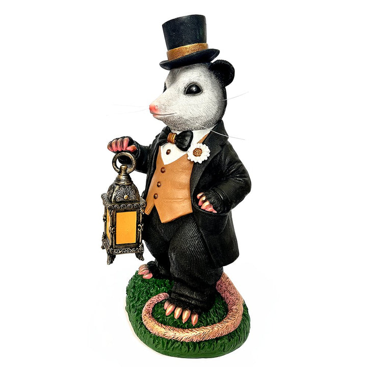 Gentleman Opossum the Victorian Nightcrawler with Solar Powered Lamp Statue, 13" Lighted Garden Statue Resin Statues OrnamentallyYou 