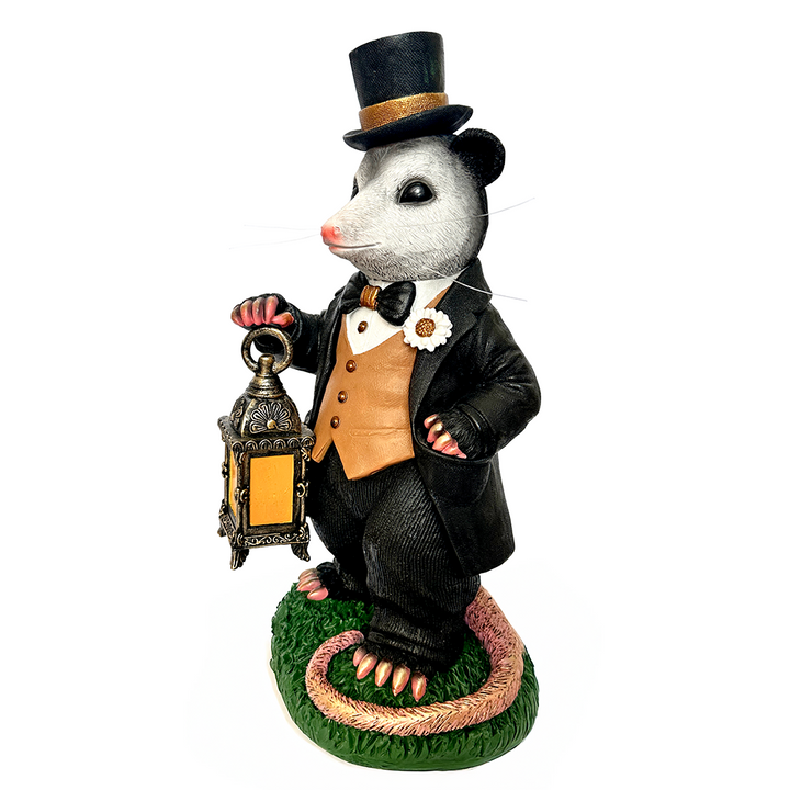 (Pre-Order) Gentleman Opossum the Victorian Nightcrawler with Solar Powered Lamp Statue, 13" Lighted Garden Statue