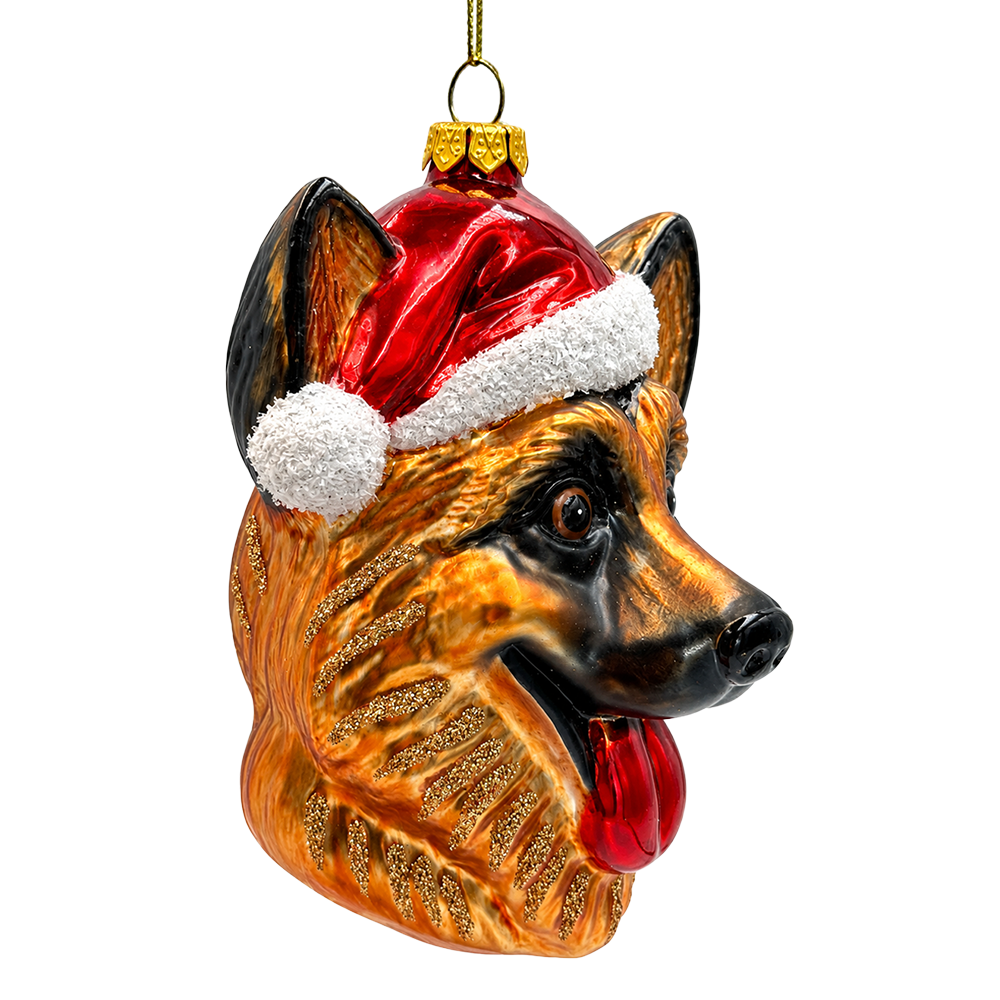 (PRE-ORDER) German Shepherd in Santa Hat Glass Christmas Ornament, Dog Lover Holiday Tree Decor