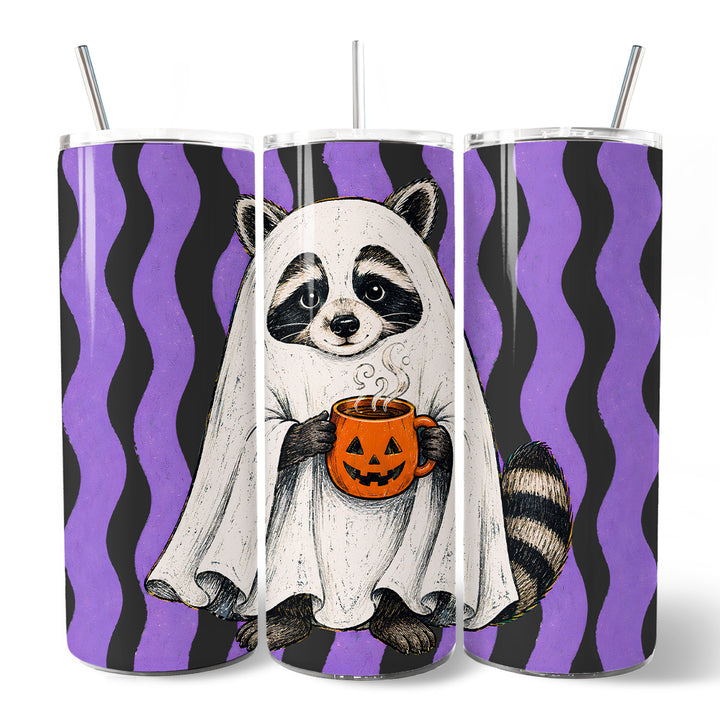 Ghost Costume Raccoon 20oz Personalized Tumbler With Lid and Stainless Steel Straw, Halloween Pumpkin Coffee Mug Gift Cup