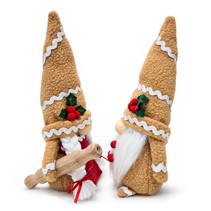 Gingerbread Christmas Plush Gnome Set of 2, Holiday 10.5" Baking Decor with Rolling Pin and Candy Cane