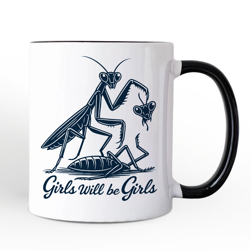 Girls Will Be Girls Mantis Personalized Mug, Funny Feminist Bug Gift with Custom Name