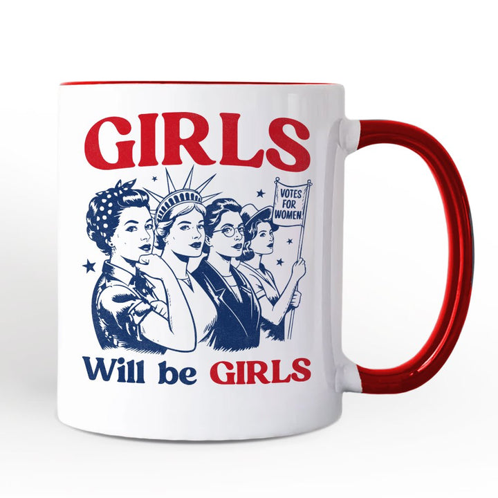 Girls Will Be Girls Patriotic Personalized Mug, 4th of July Vintage Feminist Gift with Custom Name Personalized Ceramic Mug OrnamentallyYou Red Handle Non-Custom 