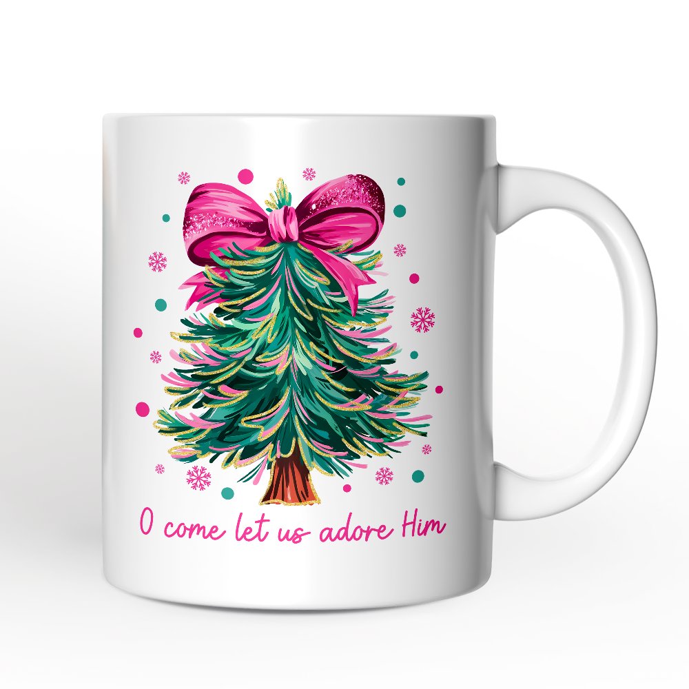 Glitter Christmas Tree Coquette Bow Personalized Mug, O Come Let Us Adore Him Holiday Gift with Custom Name Personalized Ceramic Mug OrnamentallyYou White Non-Custom 