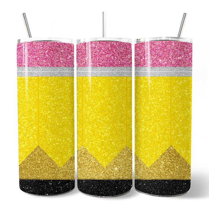 Glitter Pencil Design 20oz Personalized Tumbler With Lid and Stainless Steel Straw, School Teacher Gift Cup