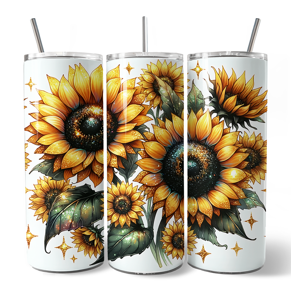 Glittered Sunflower Pattern 20oz Personalized Tumbler With Lid and Stainless Steel Straw, Yellow Summer Flowers Travel Mug Gift