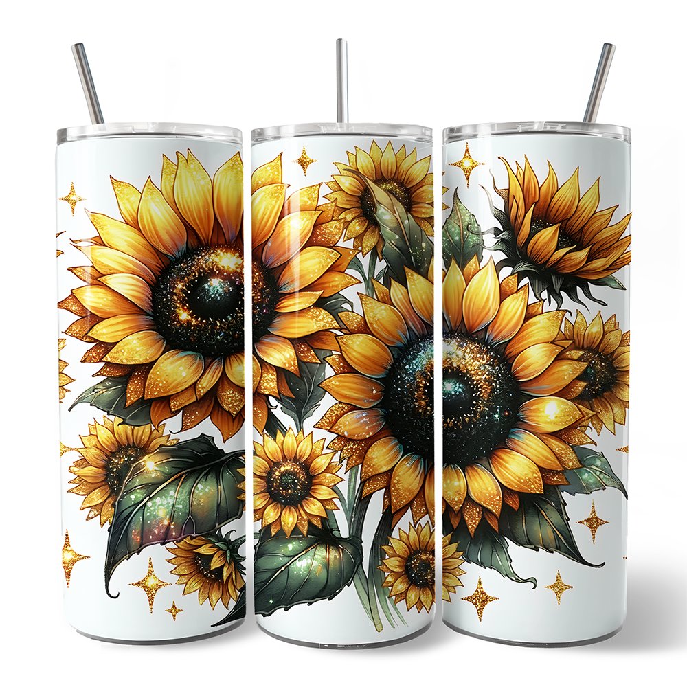 Glittered Sunflower Pattern 20oz Personalized Tumbler With Lid and Stainless Steel Straw, Yellow Summer Flowers Travel Mug Gift Tumbler OrnamentallyYou Non-Customized 