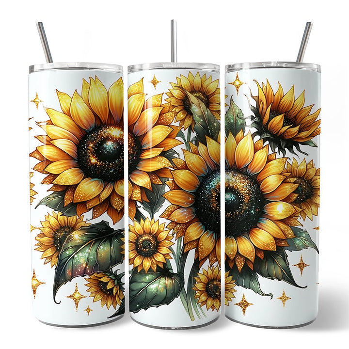 Glittered Sunflower Pattern 20oz Personalized Tumbler With Lid and Stainless Steel Straw, Yellow Summer Flowers Travel Mug Gift Tumbler OrnamentallyYou Non-Customized 