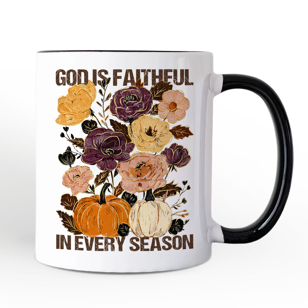 God Is Faithful in Every Season Floral Personalized Mug, Christian Fall Gift with Custom Name