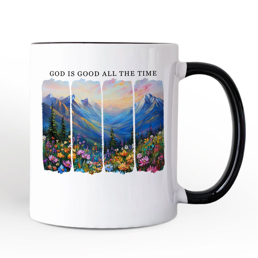 God Is Good All the Time Mountain Christian Personalized Mug, Wildflower Brushstroke Bible Verse Faith Gift with Custom Name Personalized Ceramic Mug OrnamentallyYou White - Black Non-Custom 