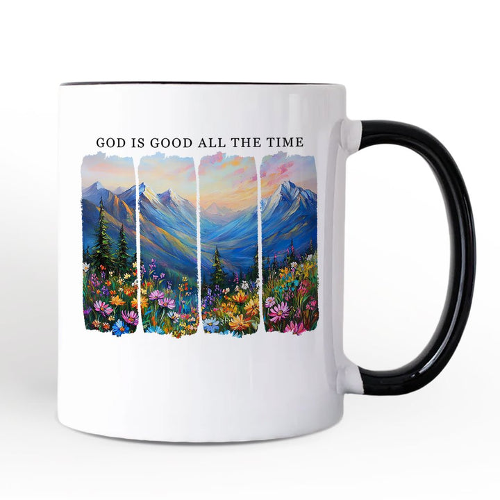 God Is Good All the Time Mountain Christian Personalized Mug, Wildflower Brushstroke Bible Verse Faith Gift with Custom Name Personalized Ceramic Mug OrnamentallyYou White - Black Non-Custom 