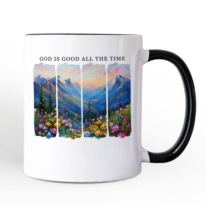 God Is Good All the Time Mountain Christian Personalized Mug, Wildflower Brushstroke Bible Verse Faith Gift with Custom Name